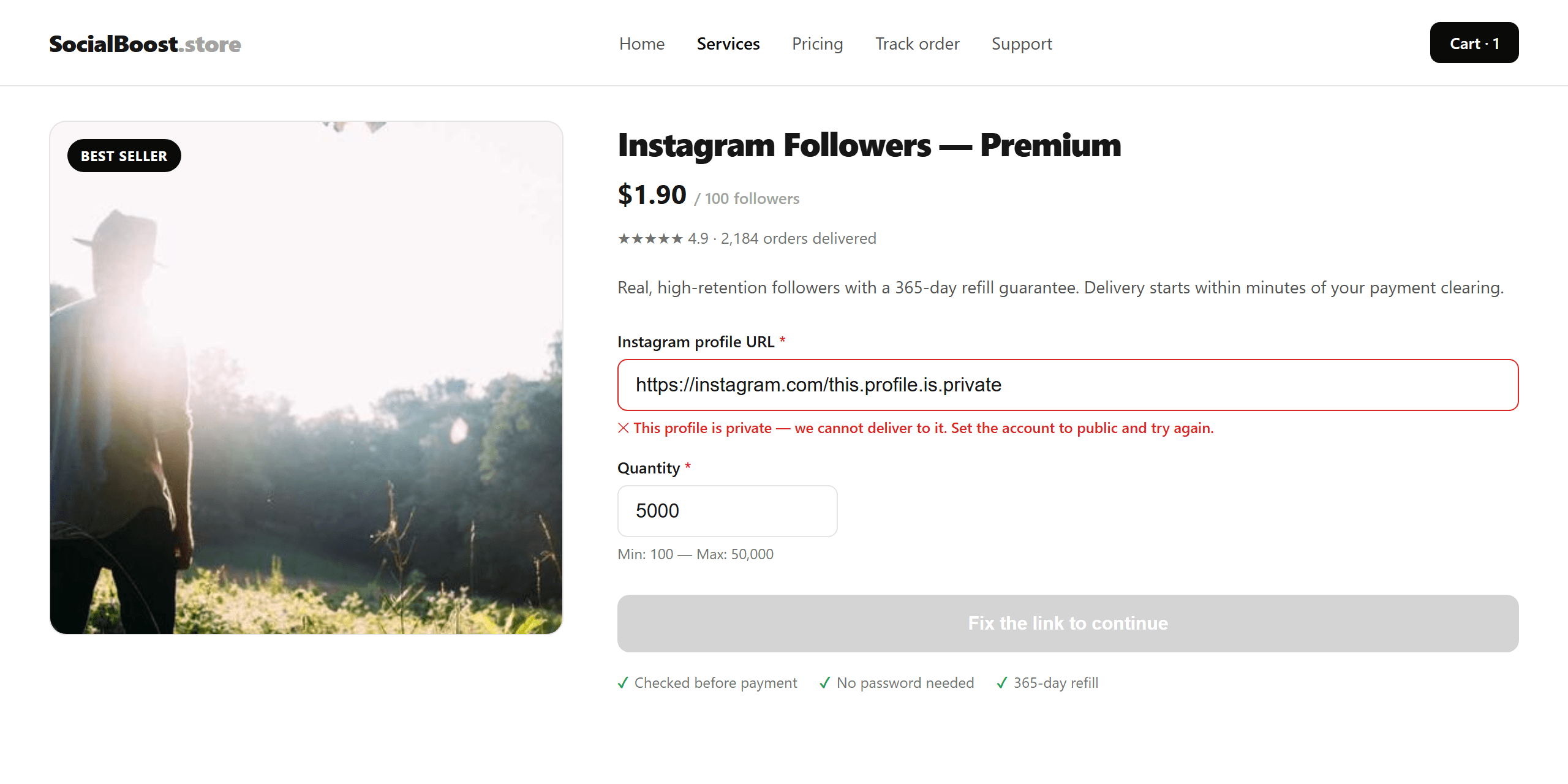 WooCommerce product page where SMMKit flags a private Instagram profile before checkout
