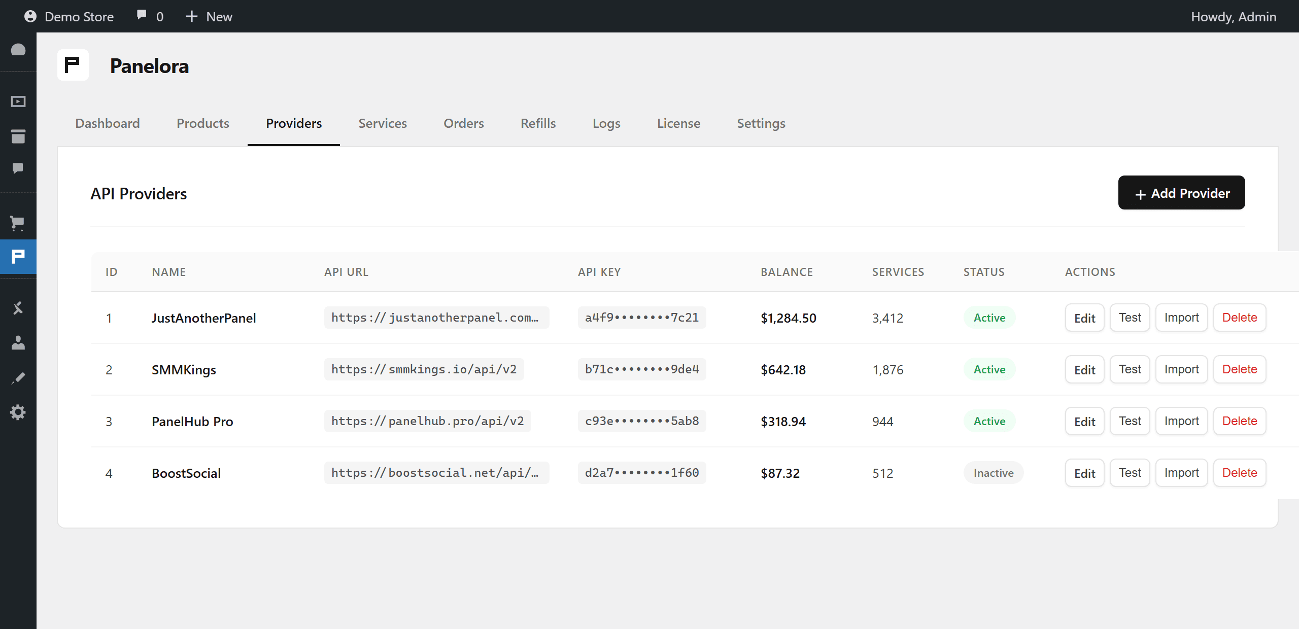 SMMKit provider management screen listing SMM panels with balances and status